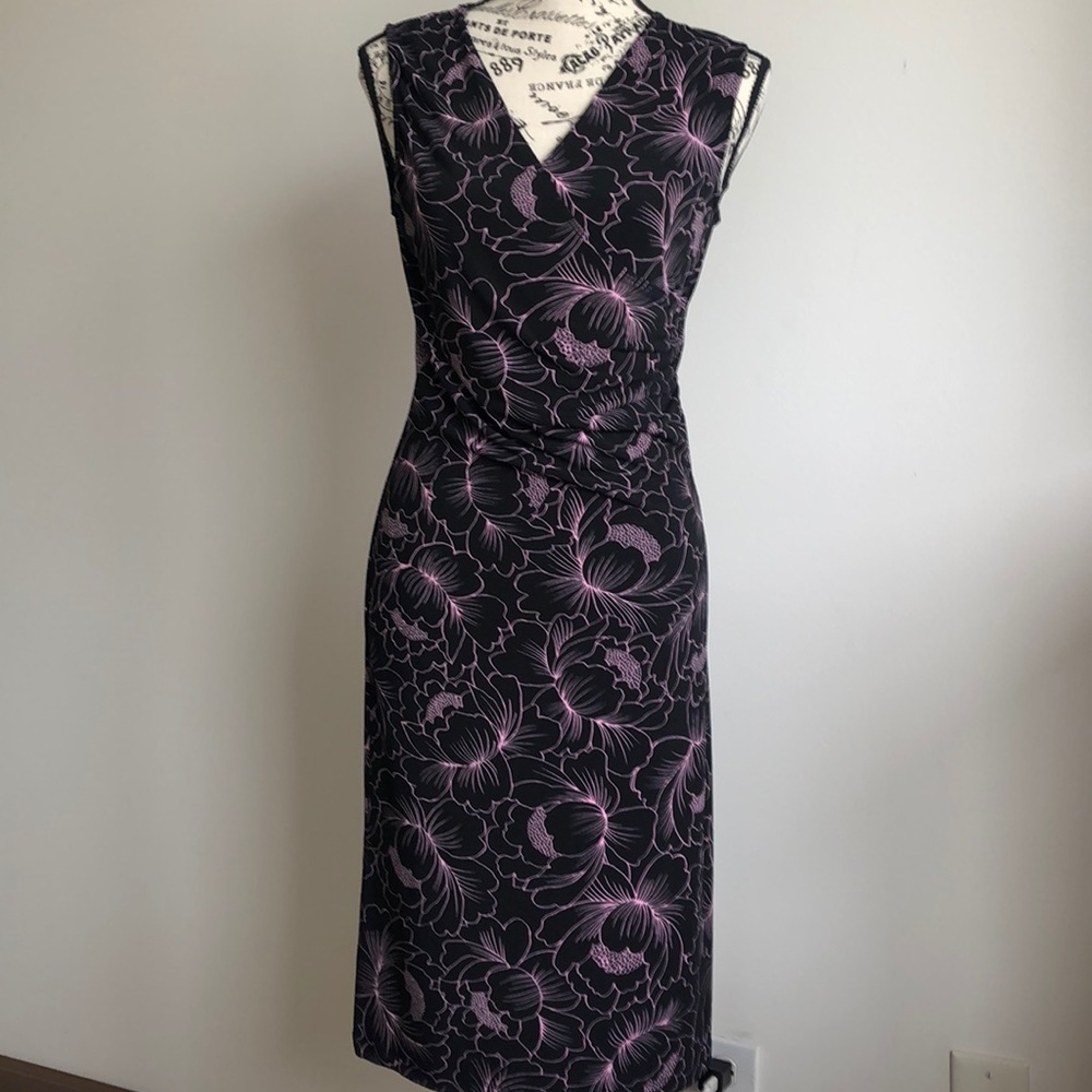 Black with pink floral pattern wrap style dress Sm